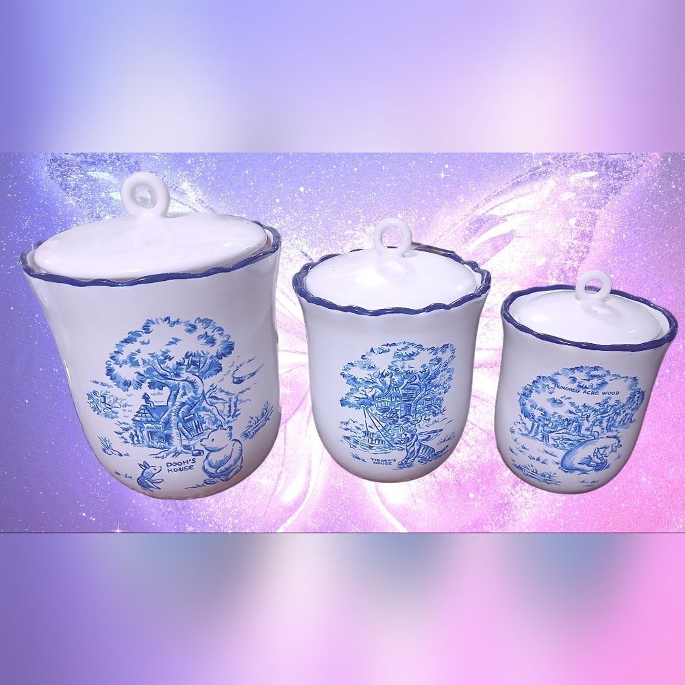 Disney Winnie The Pooh Vtg Blue Toile Stoneware Kitchen Canister Set